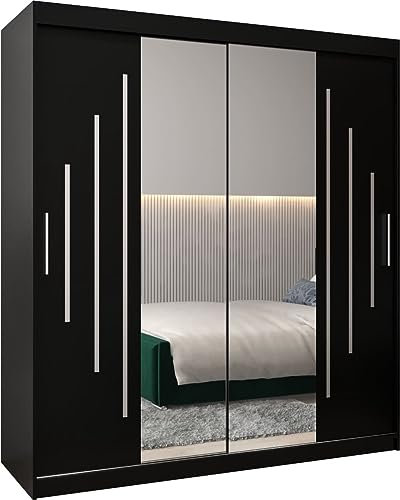 E- MEUBLES Armoire de Chambre avec 2 Portes coulissantes et Miroir Style Contemporain Penderie (Tringle) avec étagères (LxHxP): 180cmx200cmx62cm Maltese 1 (Noir)