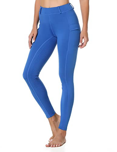 beroy Reithose Damen Silikon Vollbesatz High Waist Reitleggings mit Handytasche und gürtelschlaufen für Reitsport Blue XL