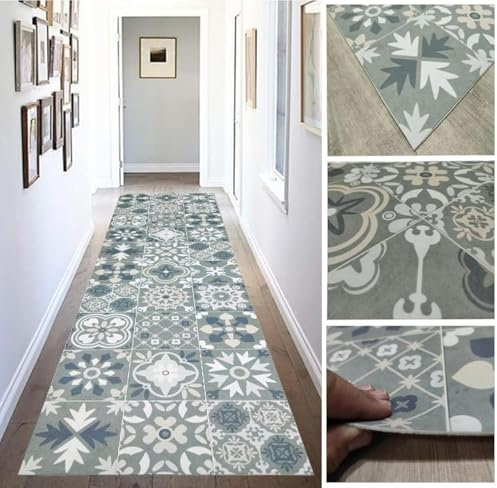 Tadi & Imperio1979 Tapis en Vinyle hydraulique, en Carreaux Verts avec Bleu, Or et Argent, pour Salon, Cuisine, Chambre ou Moquette, Article 865