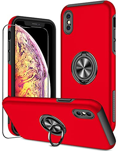 KRAFTCARE Case Compatible for iPhone X and XS with Kickstand Ring and Screen Protector, Shockproof and Anti Scratch Magnetic Built-in Ring Stand Case Compatible for iPhone X/XS - Red