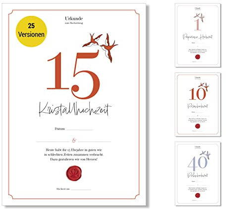 Frank Paperman® | 15 Hochzeitstag Geschenk | Ehejubiläum | Kristall Hochzeit Geschenk | Urkunde Hochzeitstag | klassisch | Geschenkideen Hochzeitstag | Vordruck im DIN-A4-Format