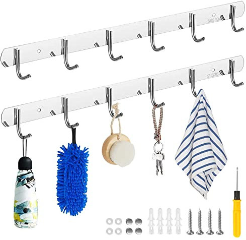 BUTEFU 2 Stück Hakenleiste Kleiderhaken mit 6 Haken, Hakenleiste Küche 304 Edelstahl, Küchenhakenleisten, für Schlafzimmer Schrank Badezimmer Küche(44cm)