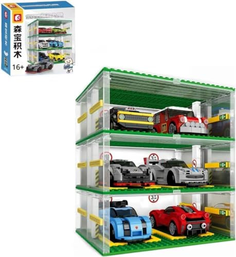 Garage Speed Champions, Set da Costruzione Trasparente, Vetrina a 3 Strati Fai da Te, Compatibile con Mattoncini, per Auto Sportiva (Senza Auto) (1 Pezzo)