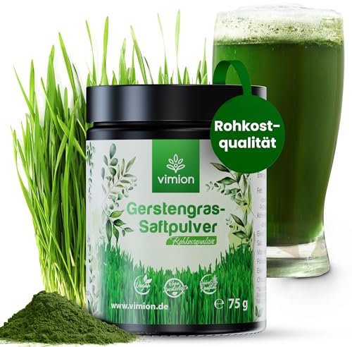 VIMION pures Gerstengras-Saftpulver - 75 g Premium-Rohkostqualität - natürlich reich an Eisen, Folsäure, Vitamin K & Chlorophyll - 100% vegan - Green-Superfood - Plastikfrei im Braunglas
