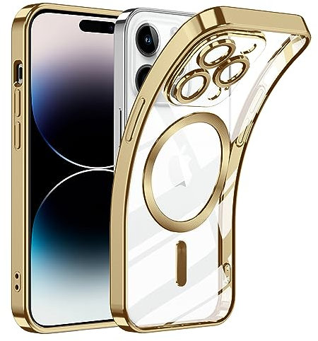 TUUTPU Cover Magnetica per iPhone 14 Pro, Custodia Comaptibile con Magsafe Trasparente Antiurto Protezione Copertura della fotocamera Non ingiallente Sottile Silicone Telefono Clear Case, Oro