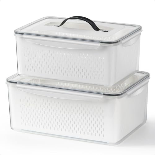 Large Produce Saver with Colander and Handle, 2PACK Vegetable Storage Keeper Airtight Leakproof Keep Fresh Longer Lettuce Containers BPA-FREE Big Size Veggies Banana Fruit Preserver Box Bin Strainer