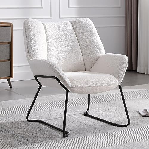 Wahson Fauteuils de Salon, Fauteuil Salon Confortable Assise Épais Fauteuil Chambre avec Pied Métal, Chaise Bouclette, Fauteuil Relax pour Salon/Chambre, Blanc