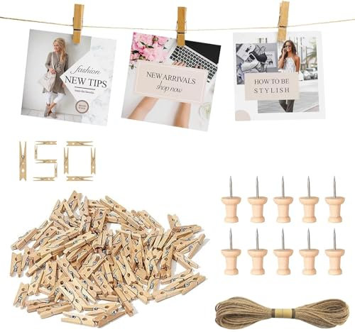 Jogoico Mini Pince à Linge Bois 150PCS, 25mm Naturel Épingles à Linge Bois Petite avec 10M Ficelle de Jute et 10PCS Punaises Liege, Clips Photo Bois Déco pour Cartes Postales Photo Loisirs Créatifs