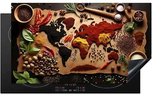 KitchenYeah© Herdabdeckplatte Induktion Schutzmatte Küche Herdabdeckung Ceranfeld Induktionsmatte Cerankochfeld Abdeckung Kräuter - Gewürze - Weltkarte - Braun - Löffel - Küche - 90x52 cm