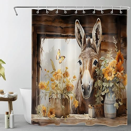 LB Bauernhaus Esel Duschvorhang 150x200cm(BxH) Gelbe Blume auf Holzfenster Antischimmel Wasserdicht Badezimmer Vorhänge, Rustikales Tier Extra Lange Polyester Stoff Bad Vorhang mit Haken