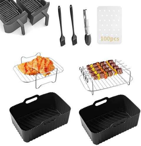 YUNYODA Silicone per Friggitrice ad Aria, 10PCS Rettangolari Accessori Friggitrice ad Aria in Silicone con Griglia in Acciaio Inox e Clip per Alimenti, Riutilizzabile Teglia in Silicone per Ninja
