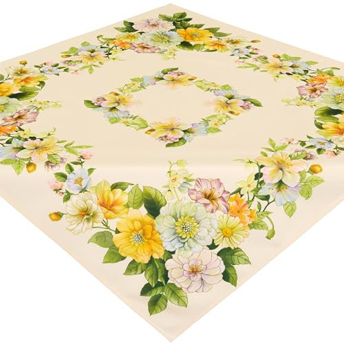 Espamira Tischdecke 85x85 Dahlien Decke Mitteldecke Gelb Tischdekoration Sommer Allzeit Stoff Eckig Bedruckt Pflegeleicht 100% Polyester