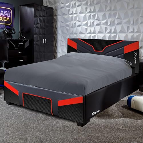 X-Rocker Cerberus Gaming Bed, 4ft6 Double Bedstead Frame, Wooden Slats, PU Faux Leather Upholstered Headboard, Low Footboard, Ideal for Teens, Kids, Carbon Red Black - 135x190cm Mattress Included