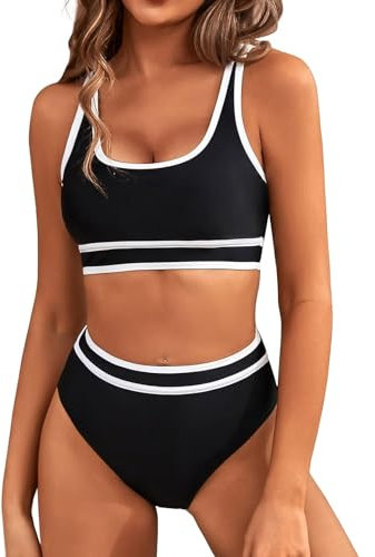 Genfien Women's Bikini Sets Bikini Tops High Waisted Bottom Tummy Control Bathing Suits Cut Out Ladies Swimsuit Suits Padded Beachwear Black