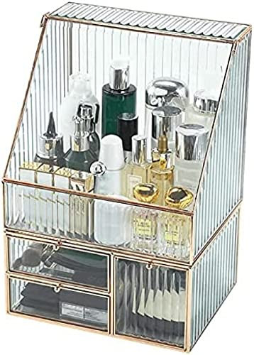 Boîte à bijoux rectangulaire avec couvercle en verre vintage doré, rangement de bijoux en verre transparent et en métal en laiton et organisateur de maquillage cosmétique avec couvercle d'af