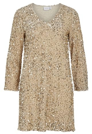 Vila Neck Dress/Vol Vifaith Robe à Sequins col en V L/S, Amande givrée, M Femmes