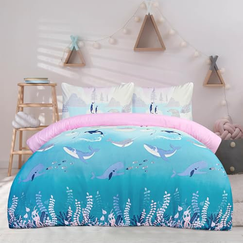 Sleepdown Super Soft Arctic Animals Reversible Duvet Cover Set, Lilac/Blue, Microfibre Ombre Design Duvet Cover with Pillowcase, Double (200 X 200 CM), Bedding Set