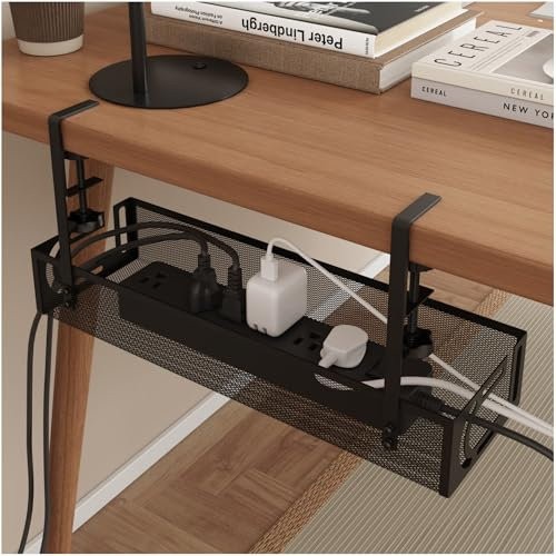 Under Desk Cable Management Tray - Cable Management Organizers Holder, No Drill to Desk Cable Raceway, Under Storage for Office, Kitchens, Home (Black)