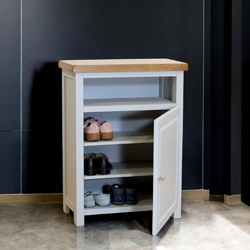 GROFurniture Painted Shoe Storage Cabinet, Hallway Storage Unit with Oak Top, Oak Cupboard Wooden Shoe Rack with Removeable Shelves, Ready Assembled Hallway Furniture (Grey)