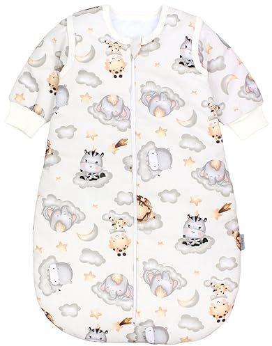 TupTam Schlafsack Baby 2.5 TOG - Ganzjahresschlafsack mit abnehmbaren Ärmeln, OEKO-TEX zertifiziert, Farbe: Safari Tiere auf Wolken/Beige/Grau, Größe: 80-86
