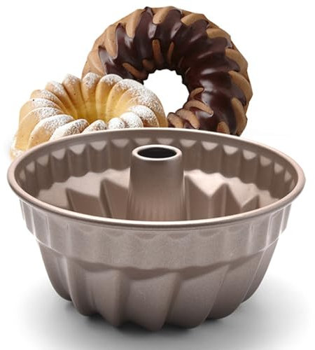 Qixuer 1 Stück Gugelhupfform Ø 18cm Gugelhupf Backform Rund Kuchenform, Carbonstahl mit Antihaftbeschichtung für Gugelhupf, Kuchen, Muffin, Gold