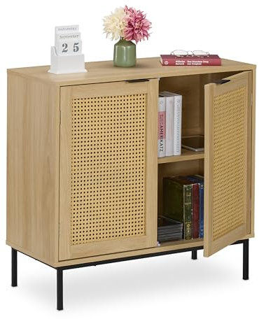 Relaxdays Sideboard, 2 Rattan-Türen, Metallbeine, HxBxT: 76x80x35 cm, Wohnzimmer, Flur, 2 Fächer, Kommode, Natur/schwarz