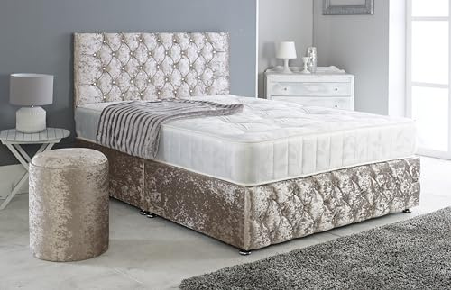 Adore Living Chesterfield Crushed Velvet Divan Bed Set - Headboard, Footboard & Mattress - Storage Bed (Champagne, 4ft6 Double - 4 Drawers)