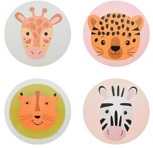 Animal Placemats Set of 4 Kids Wild Zoo Jungle Safari Animal Face Place Mats Round for Children’s Table Fun Toddlers Boys Girls Kitchen Dining Dinner Meal Table Mats Wipeable Waterproof