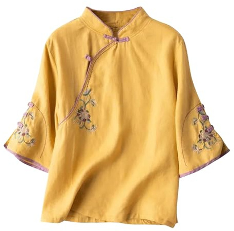 Flodxo Haut à manches 3/4 pour femme - Chemise d'été élégante en lin - Grande taille - Chemisier décontracté pour femme - Tunique vintage brodée - Cheongsam Hanfu - Costume traditionnel chinois - Haut