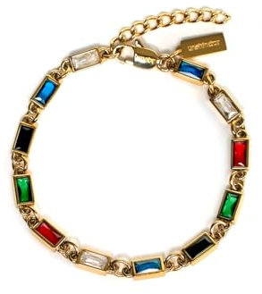 Buntes Edelstein Tennis Armband für Herren mit bunten Edelsteinen in Silber oder Gold - Streetwear Iced Out Zirkonia Armband Multicolor aus Edelstahl und 18K Gold - Wasserfestes Armband (Gold)