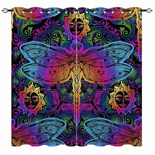 YUANZU Rideaux avec Motif Mandala Arabe Indien Japonais et Libellules - Imprimé Paisley Opaques Isolants Thermiques avec Œillets pour Chambre et Salon - 2 Panneaux L132 x H215cm