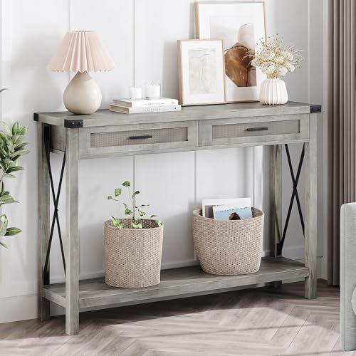 Table Console, Console Meuble Entree avec 2 Tiroir 110X 30x78CM,Table d'entrée en Rotin avec Forme de X sur Les Côtés pour l'entrée, Le Salon, Le Couloir (Gris)