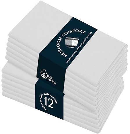 HEIRLOOM COMFORT Weiße Stoffservietten, 43 x 43 cm, 100 % Baumwolle, saugfähig, weich, waschbar, Hotelqualität, Tischservietten für Abendessen, Babypartys, Hochzeiten, Weihnachten, Frühling, Ostern