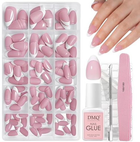 DMQ French False Nails, 240Pcs Almond Press On Nails Short - Fake Nails White Tip French False Nail Kit, Full Cover Stick on Nail with Glue for Women Girls Nail Art Manicure Decorations - 15 Sizes