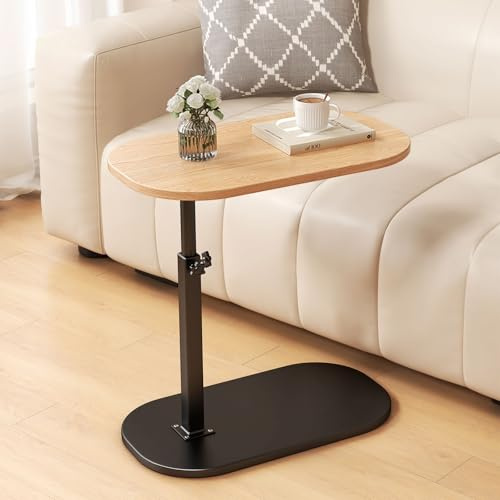 Table d'appoint en Forme de c Hauteur réglable, 360 ° Pivotante Ordinateur Portable stand pour canapé/LIT, Bois Petite Table Basse pour Salon Balcon Chambre, Design léger,Facile à Monter(LightWood)