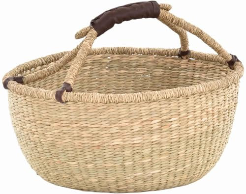 Seegras Tasche Groß mit Henkel Korb mit Kunstledergriff Einkaufskorb Rundkorb (Natur, Ø40cm)