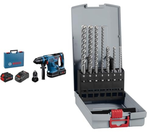 Bosch Professional 18V System BITURBO Akku Bohrhammer GBH 18V-34 CF (2x 5.5Ah BITURBO Akku, Ladegerät GAL 1880 CV) + 7x PRO SDS plus-5X Hammerbohrer-Set (für Beton, Kalk- und Sandsteine, Ø 5-12 mm)
