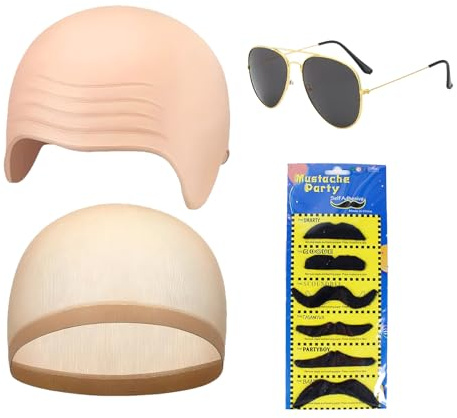 SSKHE Glatzenmütze Kostüm Set für Erwachsene - Latex Glatzkopf Kappe + Schwarze Sonnenbrille + Fake Bart Pack + Haarnetz | Cosplay Zubehör für Halloween Musik Ikone & Promi Verkleidung | Unisex