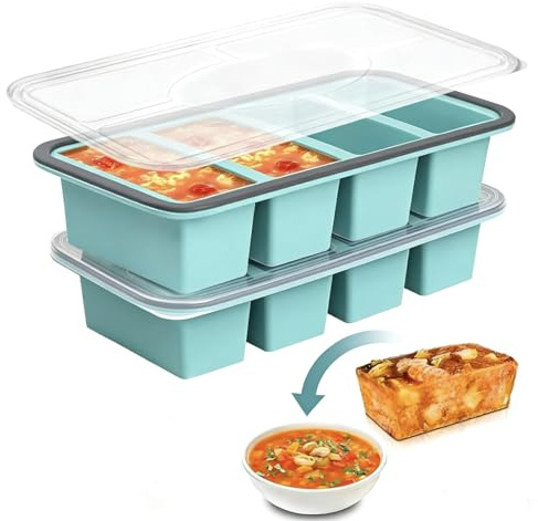 Hojalis 2Stück Suppen Einfrieren Behälter, Silikon Gefrierform Suppe mit Deckel 4 Gitter, 250ml Silikon Gefriertablett, BPA-frei, Stapelbare Gefrierbehälter für Suppe Brühe Sauce Eiswürfel (4 Gitter)