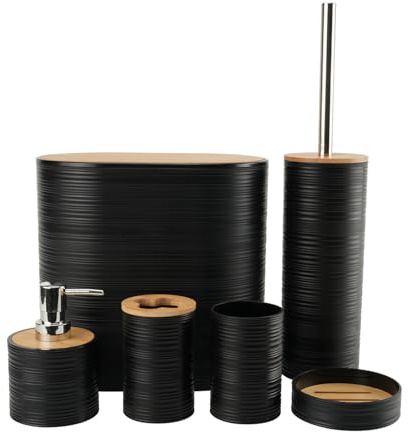 Juego de Accesorios de Baño 6 Piezas Plástico y Bambú Moderno de Artículos Esenciales para el Baño, Incluye Soporte para Cepillo de Dientes, Cubo de Basura, Escobilla y Dispensador de Jabón (Negro)