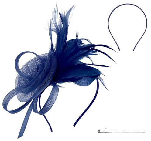 Meanon Mesh Flower Feather Navy Blue Fascinator, Fascinator Hat