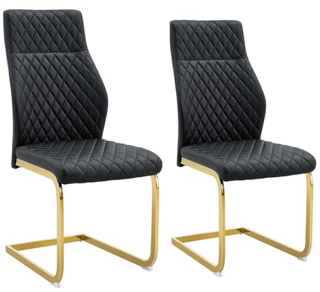 SEEDWAVE Esszimmerstuhl 2er Set Freischwinger, ergonomischer Küchenstuhl im skandinavischen Stil mit hoher Rückenlehne und pflegeleichtem PU-Leder-Bezug (Schwarz golden)