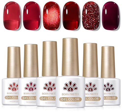 BORN PRETTY Red Gel Nail Polish Set 6 Colours Jelly Glitter | Jelly glitter finish with burgundy shimmer tones, UV LED soak off formula for stylish nail art designs
