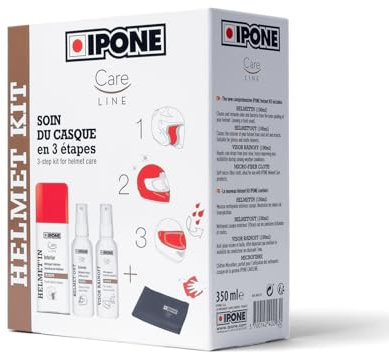 IPONE - Pack Entretien Complet du Casque Moto - Helmet Kit - Nettoyant Casque extérieur - Nettoyant Casque intérieur - Anti-Pluie, déperlant - Lingette Microfibre - Format Pratique Transportable