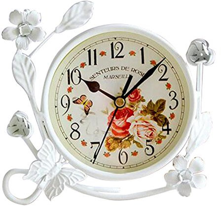SWHONG Stiluhr Tischuhr Weiß Runde Uhr mit Blume Schmetterlinge