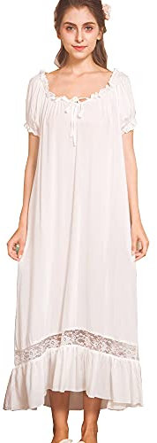 Flaydigo Ladies Long Victorian Style Cotton Short Sleeve Nightdress/Nightgown with Plus Sizes, M, White