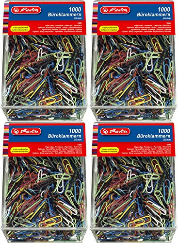 Herlitz Büroklammern 26mm, Farbig Sortiert, 1000 Stück in praktischer Aufbewahrungsbox (4 Boxen, Mehrfarbig)