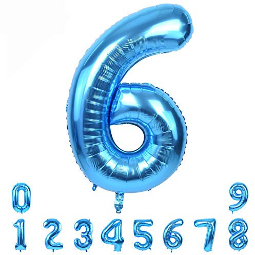 TONIFUL 40 Zoll Nummer Folienballon 0 to 9 in Blau Helium Zahlenballon Riesenzahl Luftballon Nummer 6 Heliumballons für Geburtstag, Hochzeit, Jubiläum Party Dekoration(Zahl 6)