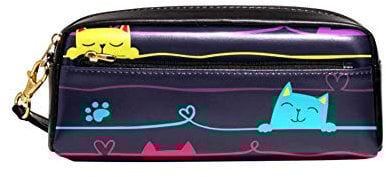 Colorful Cat Paws Smiling Kitty Heart Line Pouch Case Women Makeup PU Leather Cosmetic Bags Kids School Portable Stationary Pencil Bag