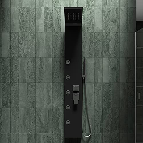 Colonna doccia pannello idromassaggio con miscelatore effetto cascata con doccetta, doccione e getti idromassaggine (NERO)